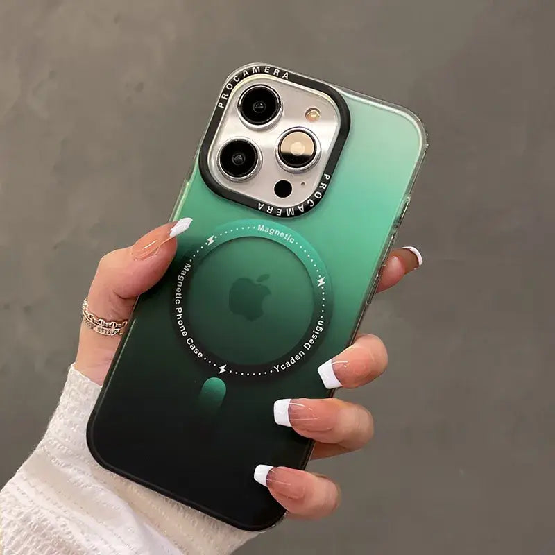 a woman holding a green iphone case