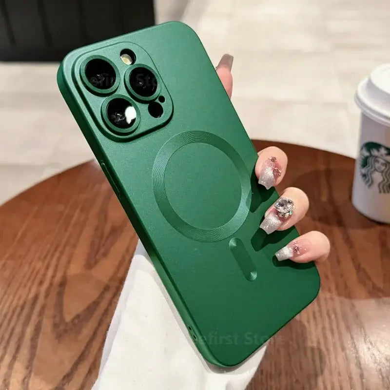 a woman holding a green phone case with a phone holder