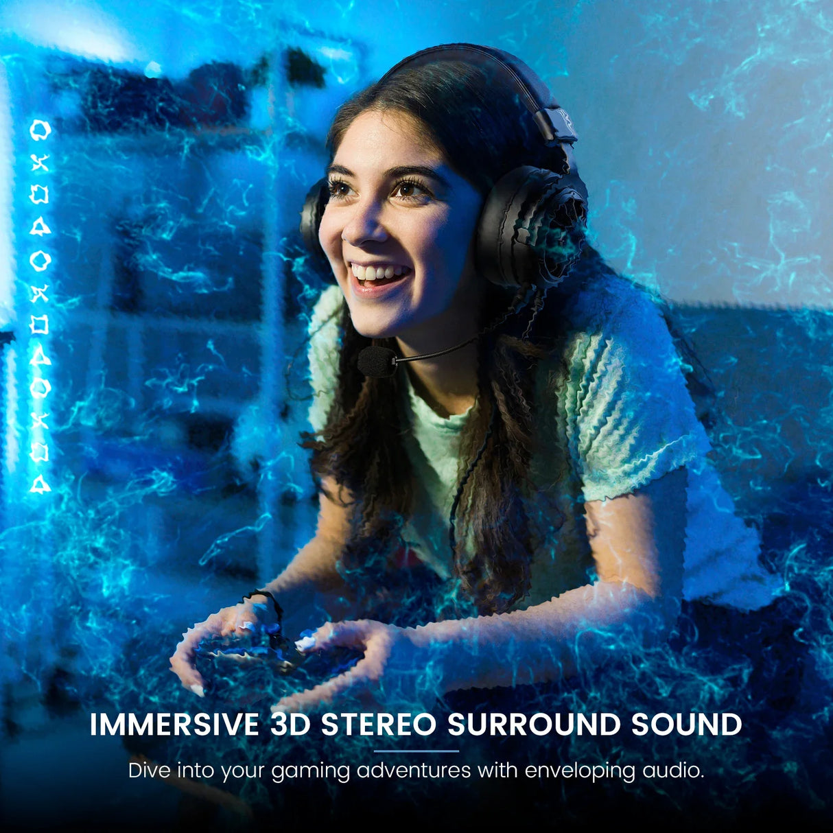 Smiling woman wearing headphones while holding a gaming controller.