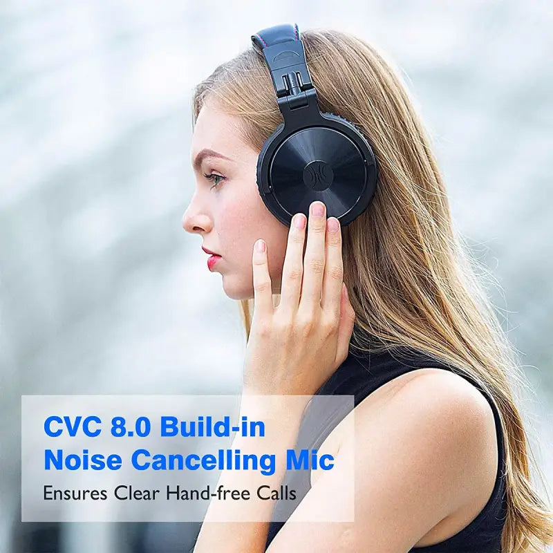 a woman wearing headphones with the words, vc 8 build noise canceling mic