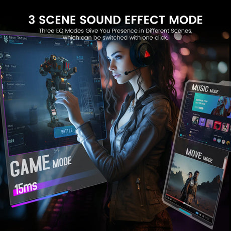 Woman wearing a headset interacting with futuristic holographic displays showing different sound effect modes for gaming and multimedia.