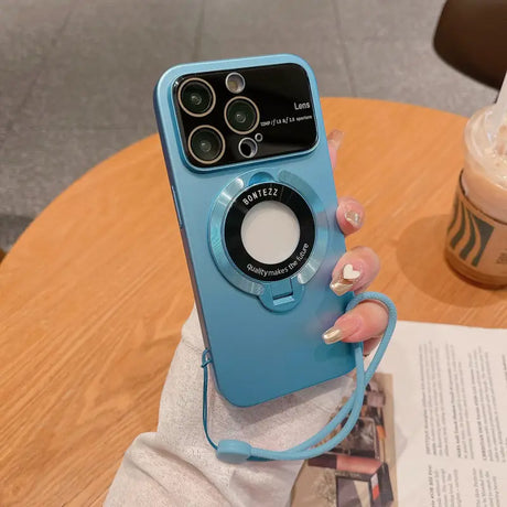 a woman holding a blue camera case