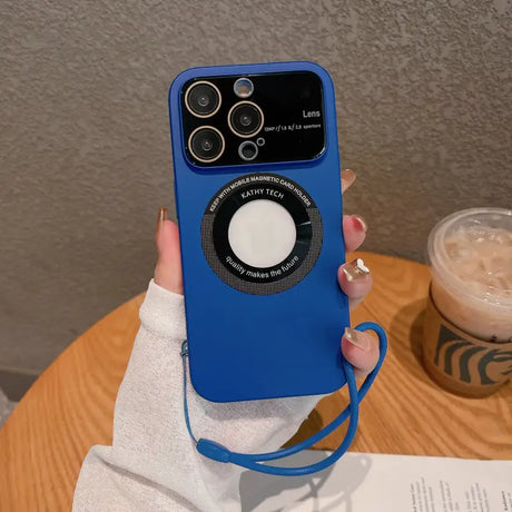 a woman holding a blue iphone case with a camera attached to it