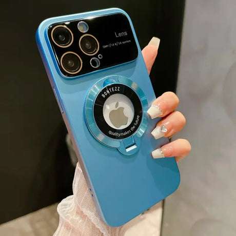 a woman holding a blue iphone case