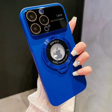 a woman holding a blue iphone case