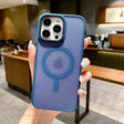 a woman holding up a blue iphone case