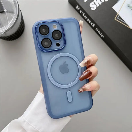 a woman holding a blue iphone case