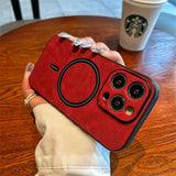 a woman holding a red case with a camera inside