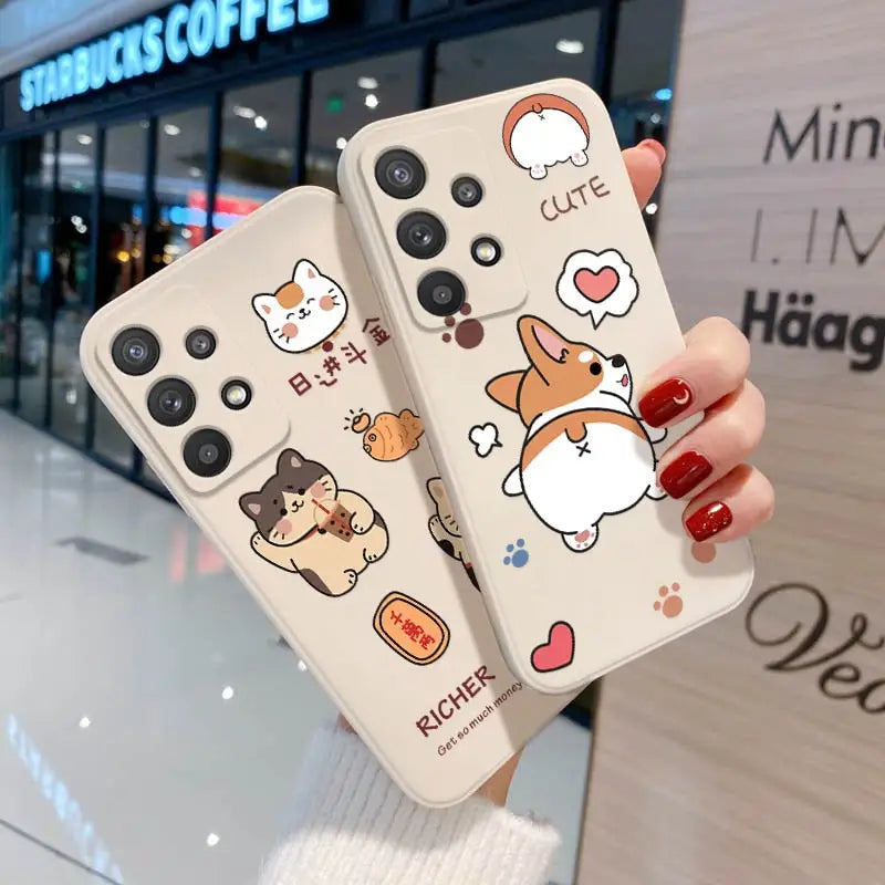 a woman holding a phone case with a dog and cat design