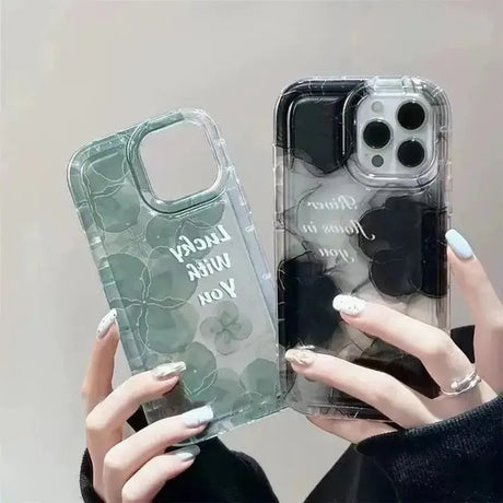 a woman holding a clear case with the words’love you ’