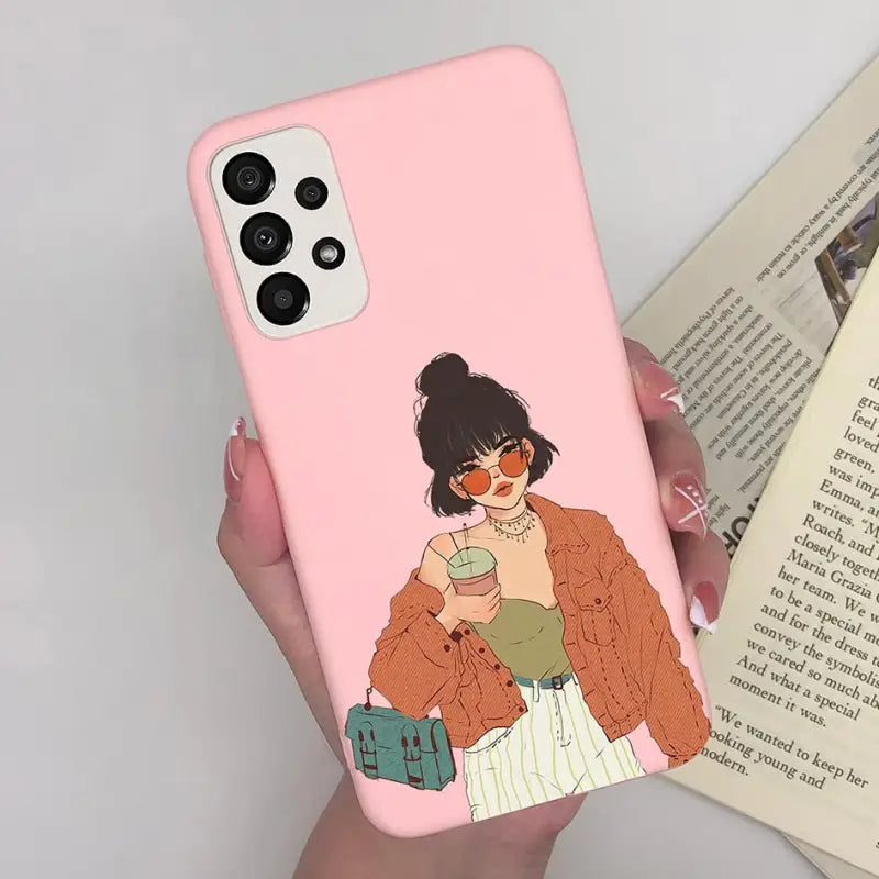 a woman holding a pink phone case with a picture of her
