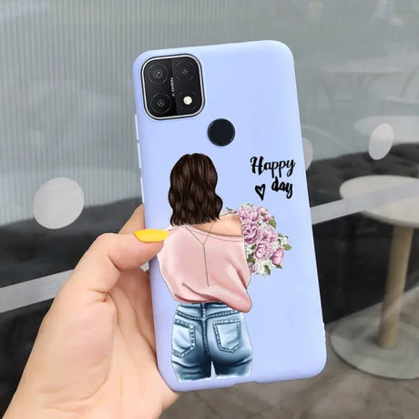 a woman holding a flower phone case