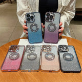 a woman holding four different colored glitter cases