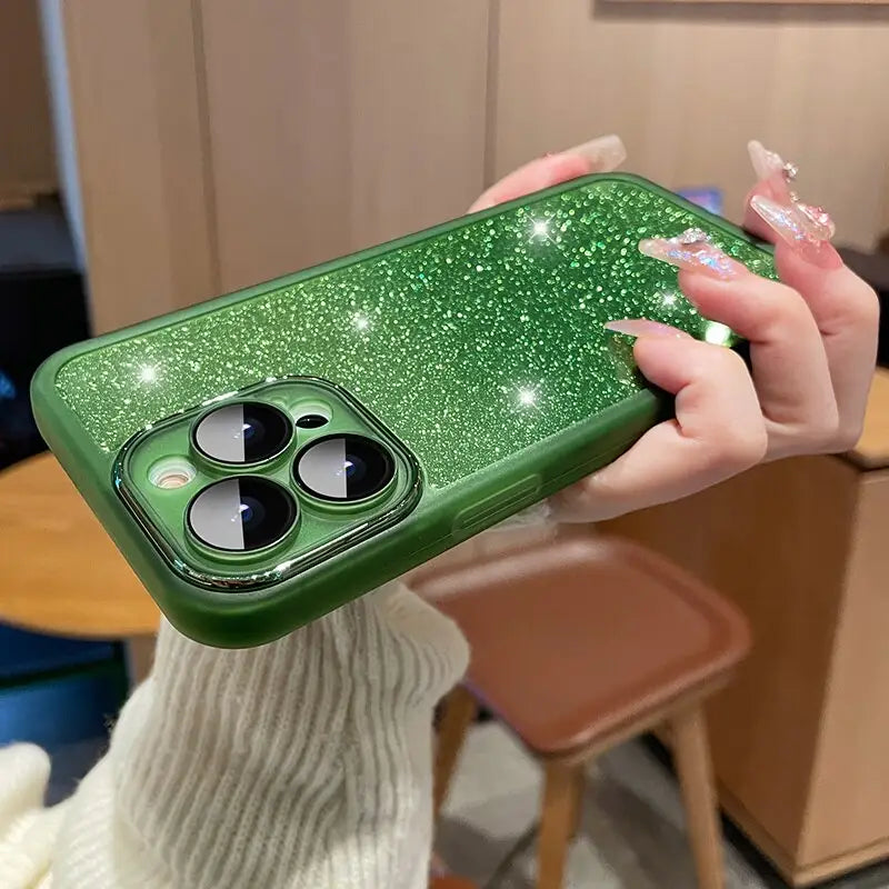 a girl holding a green phone case with glitter