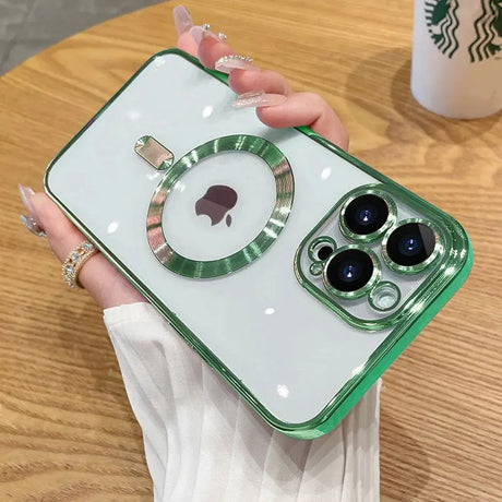 a woman holding a green iphone case with a pair of sunglasses