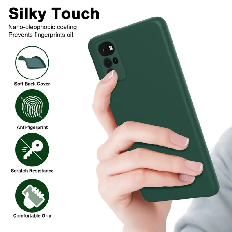 the back of a woman’s hand holding a green iphone case