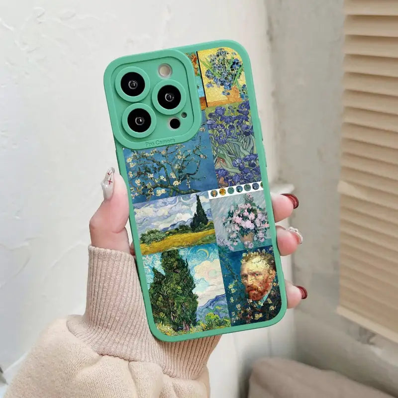 a woman holding a green phone case with a painting of flowers