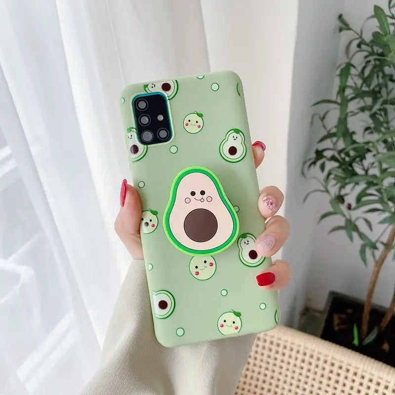 a woman holding a green phone case with a dog on it