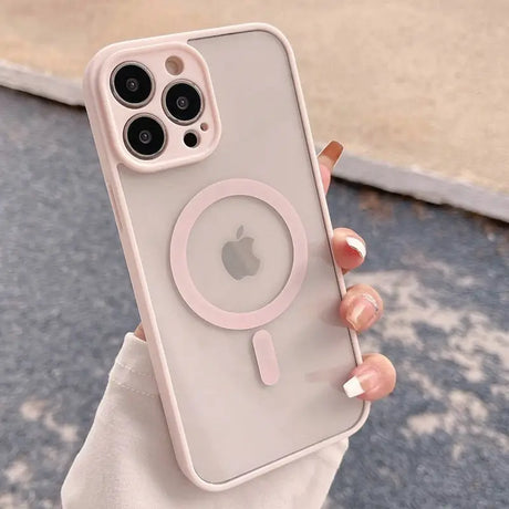 a woman holding a pink iphone case