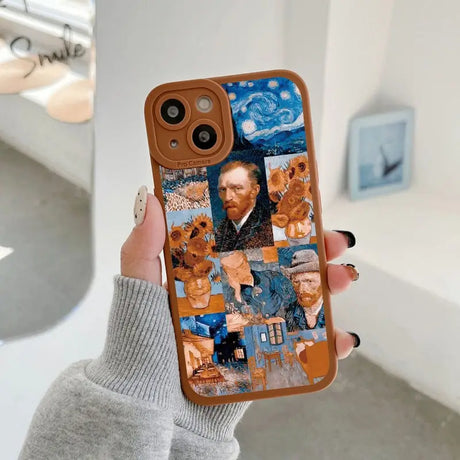 a person holding a phone case with a painting on it