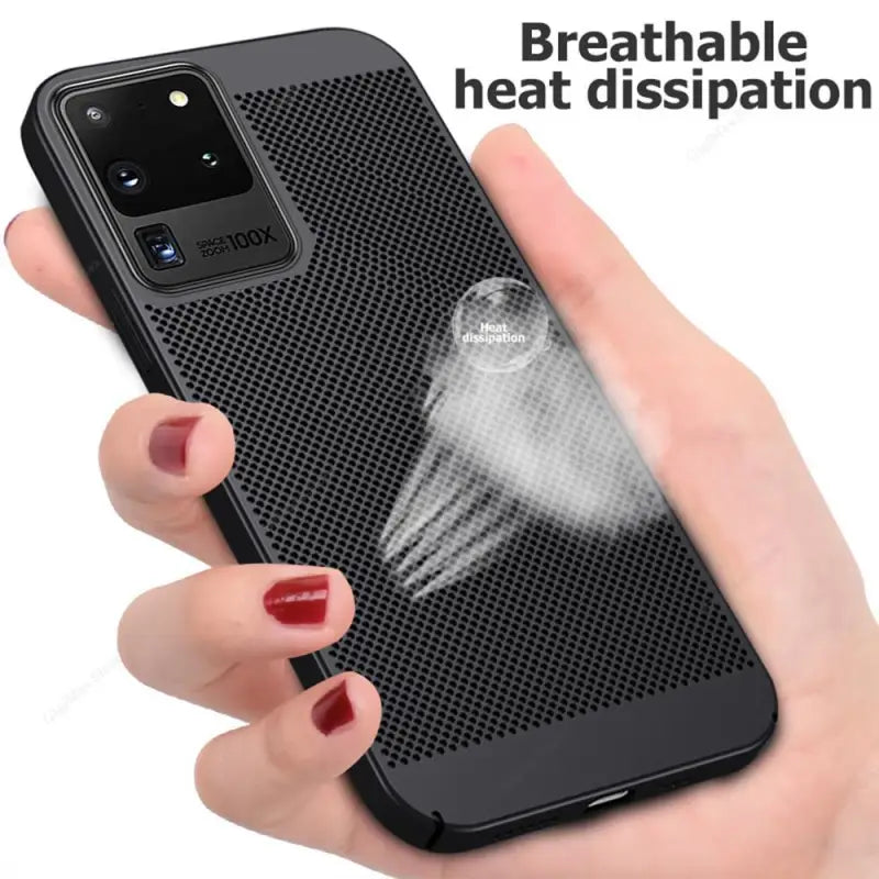 a woman holding a phone case with a smoke effect