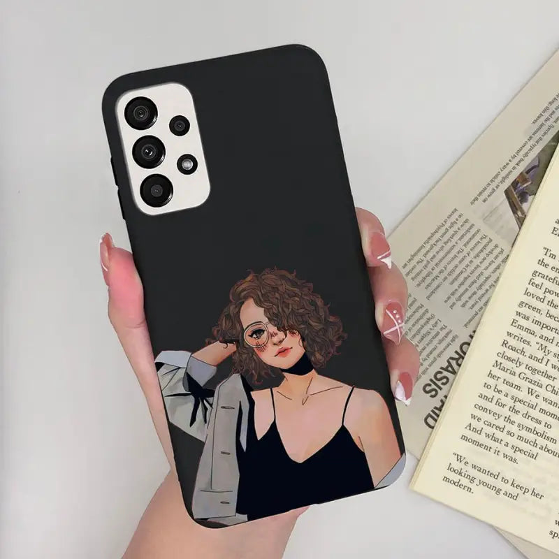 a woman holding a phone case with a picture of her
