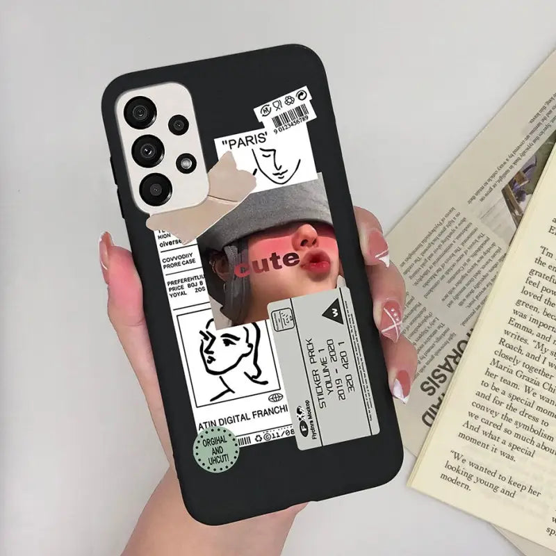 someone holding a phone case with a picture of a person with a hat on