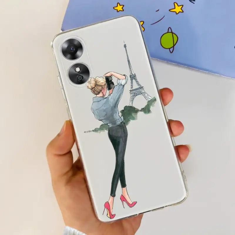 a woman holding a phone case with a drawing of a girl in the background