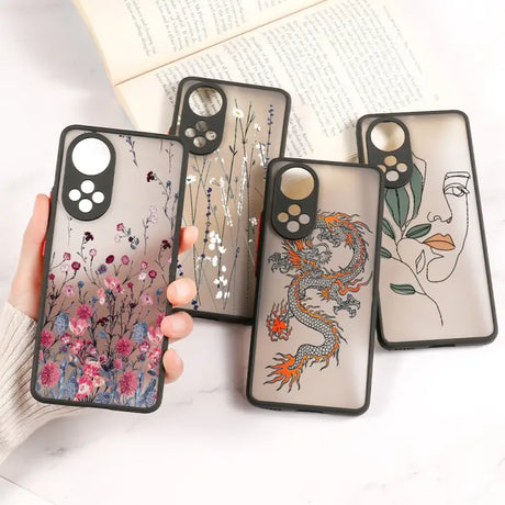 a woman holding a phone case with a dragon design