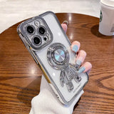 a woman holding a phone case with a camera lens