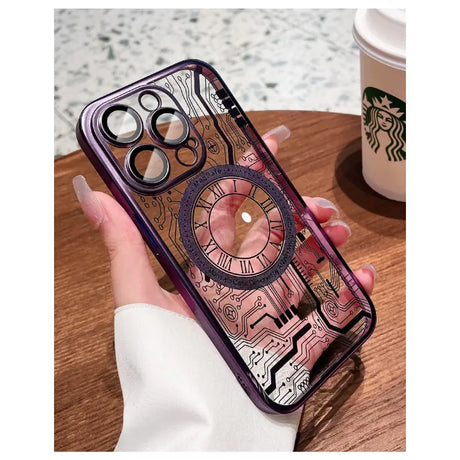 a woman holding a phone case with a clock design