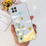 a woman holding a phone case with a yellow flower and butterflies