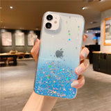 a hand holding a phone case with blue glitter