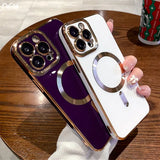 a person holding a phone with a purple case