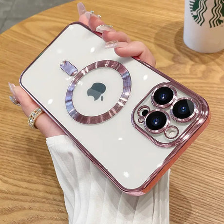 a woman holding a phone case with a coffee cup in the background