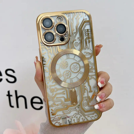 a woman holding a phone case with a clock design