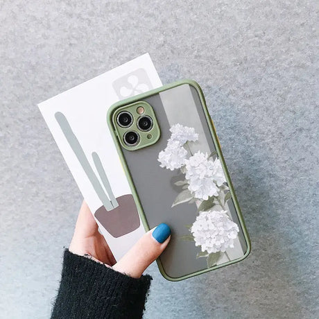 a woman holding a phone case with flowers on it