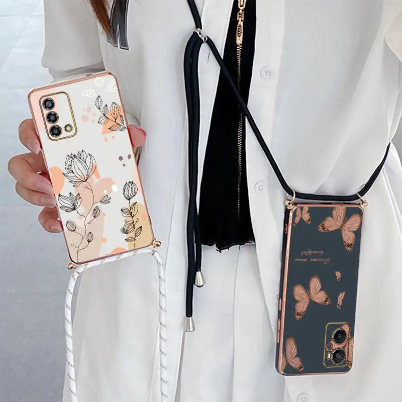 a woman holding a phone case with a flower design