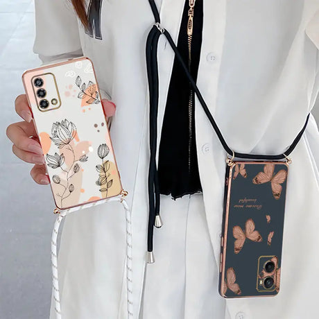 a woman holding a phone case with a flower design