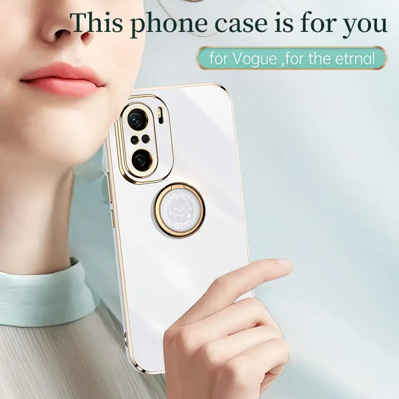 a woman holding a cell phone with the text, this case for you
