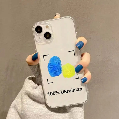 a woman holding a phone case with a fingerprint