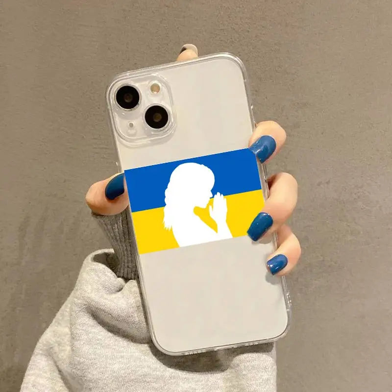 a woman holding a phone case with the flag of ukraine