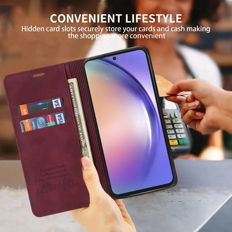 the samsung note 10 wallet case is shown with a hand holding a phone