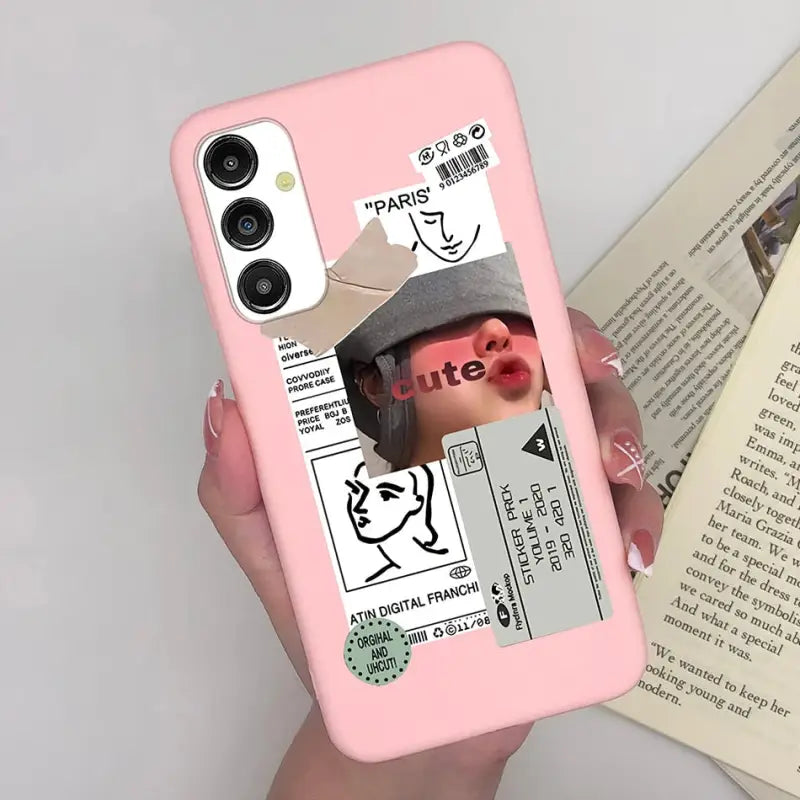 a woman holding a pink phone case with a picture of her face