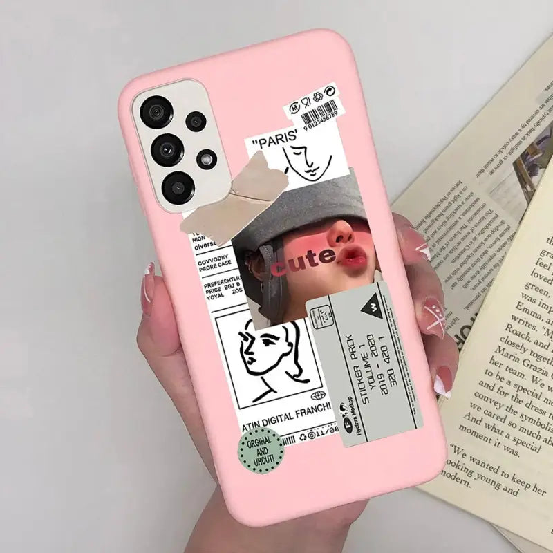 a woman holding a pink phone case with a picture of her face