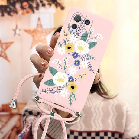 a woman holding a pink phone case with flowers on it