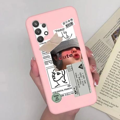 a woman holding a pink phone case with a picture of her face