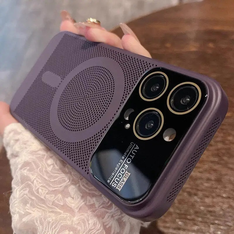 a woman holding a purple phone case with a bluetooth