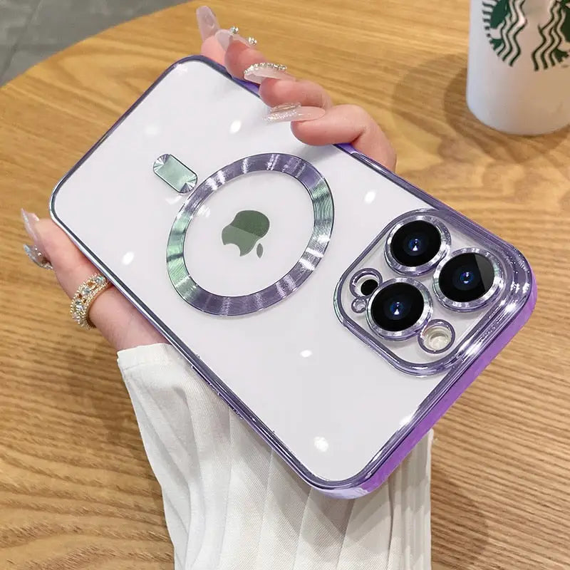 a woman holding a purple iphone case with a camera lens