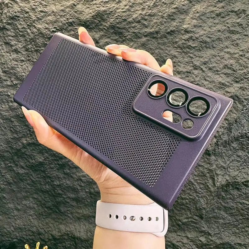 the back of a purple iphone case with a white ring around it